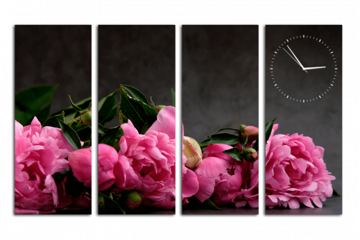 Модульная картина с часами Розовые пионы